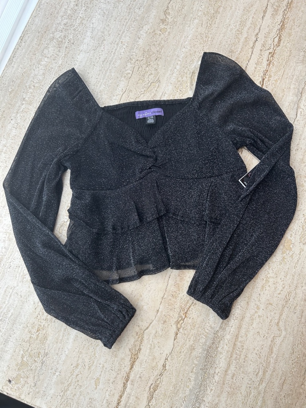 NEW 🆕 My Sister’s Closet Black Sparkle Long Sleeve Ruffle Peplum Blouse 14-16 y